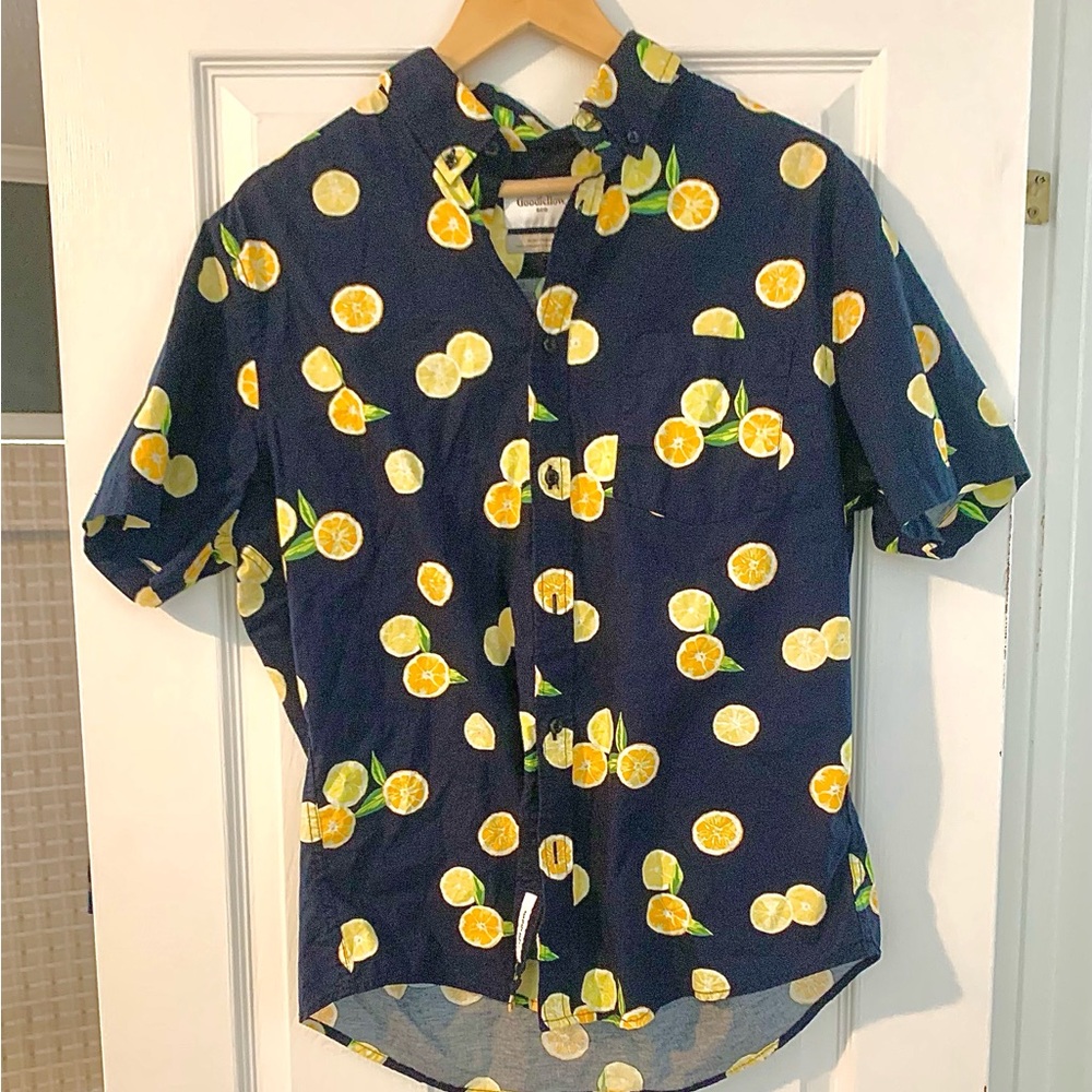 Men's Navy Short-Sleeve Button-Down Shirt with Lemon Print